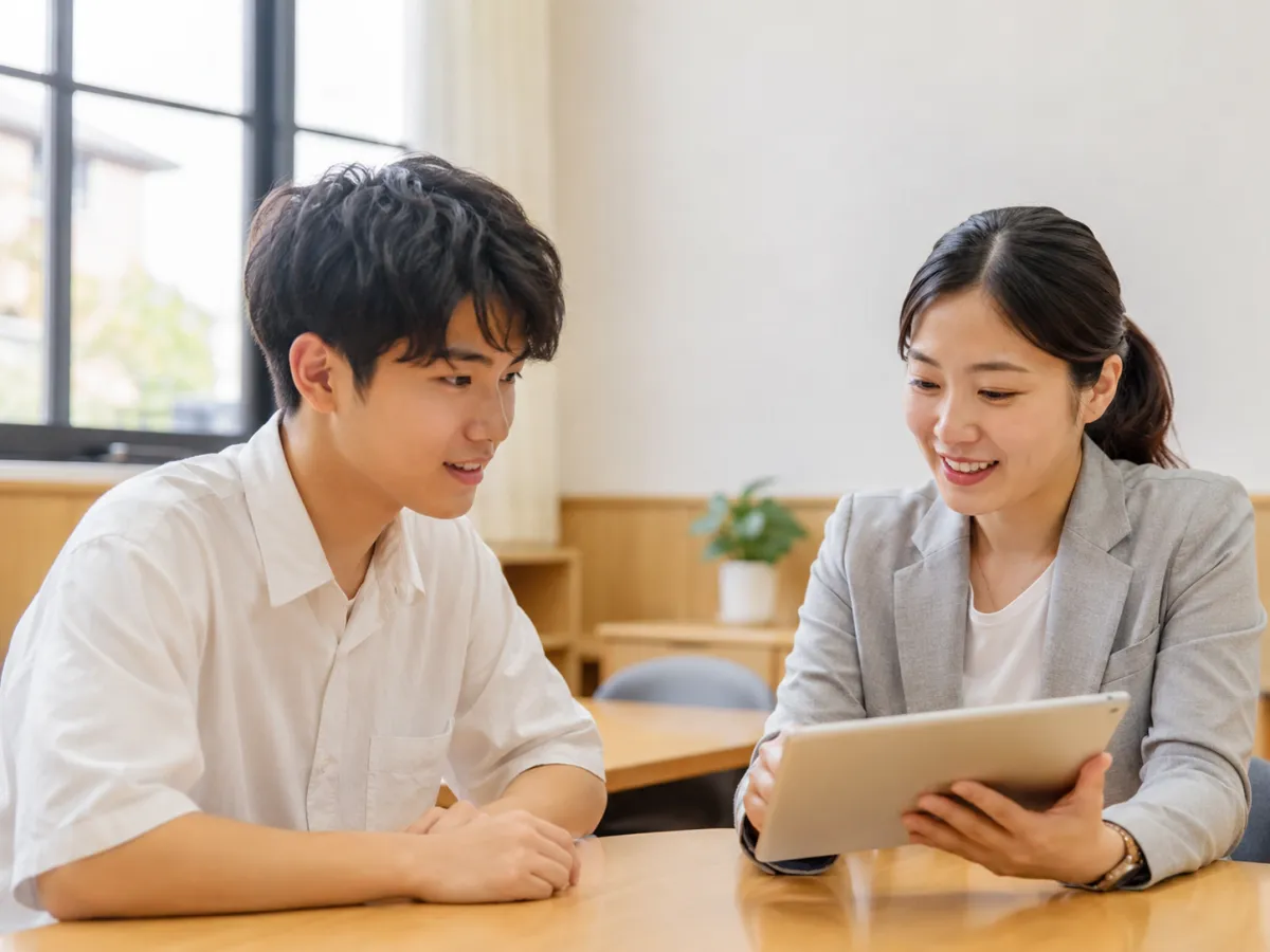 進路相談を受ける学生とスタッフ